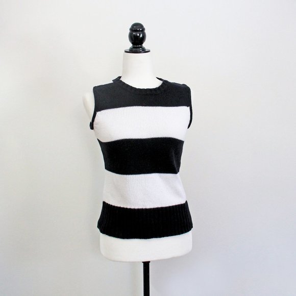 Vintage Striped Vest Pullover Black White Wide Stripe Sleeveless Knit Sw… - Picture 1 of 6